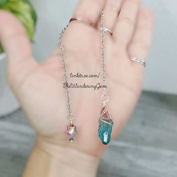 Pink & Blue Quartz Crystal Dowsing Pendulum With Glass Star Handle - Picture 1 of 4